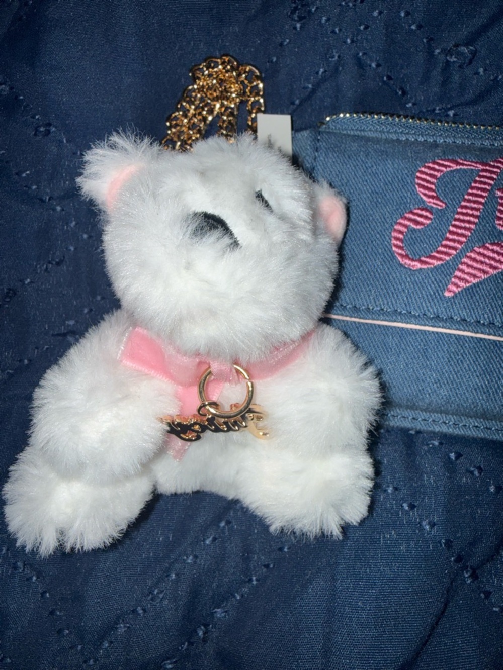 Juicy Couture Blue Denim Wallet with Pink Script Logo and White Plush Charm - Picture 2 of 6